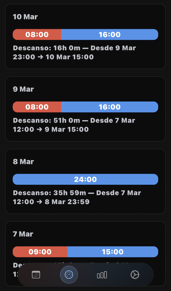 Pantalla de jornadas DriverPro
